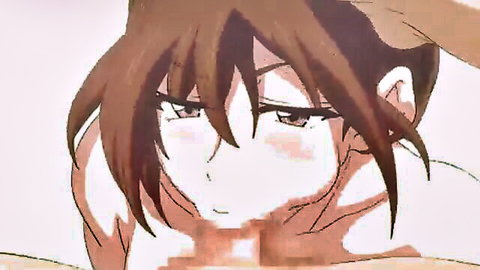 Intense brown-haired hentai girl blushing at nudist beach