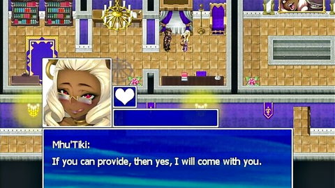 Busty brown-skinned anime elf Mhuti in seductive game dialogue scene