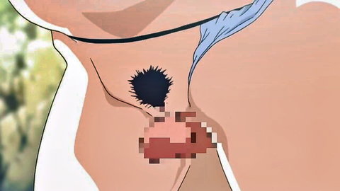 Busty hentai cousin fucked on beach by pervy guy with spiky hair, public watchers