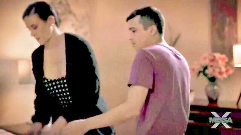 Mature woman in cleavage-baring top grabbed by young man from behind - MissaX