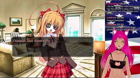Busty anime blonde schoolgirl and pink catgirl maid teasing with big tits cleavage in luxurious room