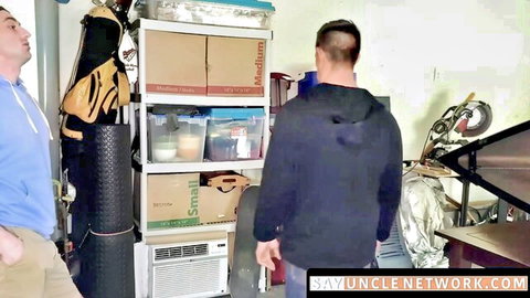 Gay shoplifting jock in hoodie faces off with stud in storage room