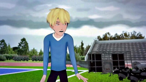 Meru the Succubus Ep.5: Animated blonde character in blue shirt on field