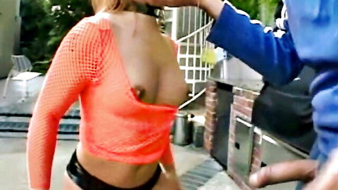 Katja Kassin exposes big tits in ripped orange fishnet top for ass fucking