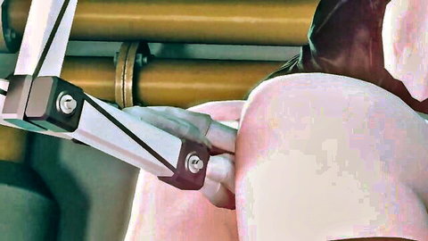 3D CGI robotic claw gripping woman's bare pale ass cheek and thigh