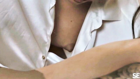 Lesbian sucking exposed tits and hard nipple through open white shirt