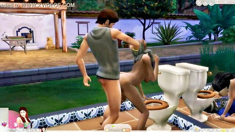 3D CGI muscular hunk roughly fucking bent-over nude woman doggy style by pool toilets