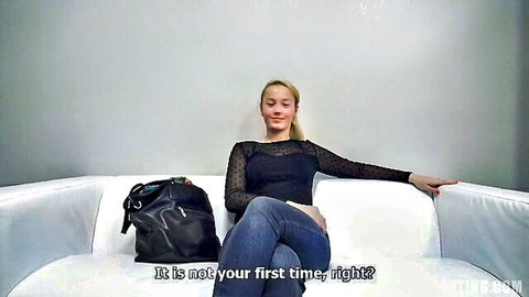 Lilly blonde model in sheer top showing body at casting audition