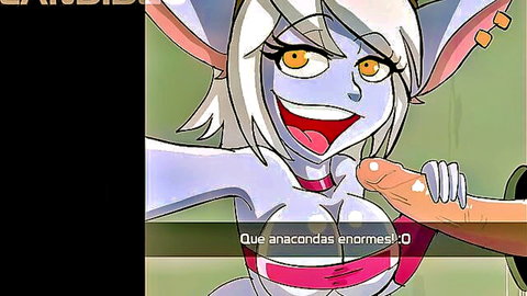 Excited hentai mouse girl with white hair grabbing massive cock
