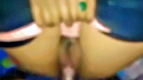 POV closeup of young Nepali teen's exposed pink pussy and small fair ass with blue shorts pulled down