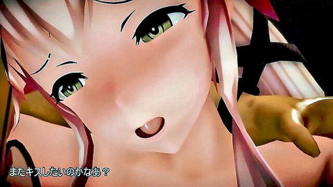Anime teen girl with pink hair green eyes open mouth tongue out surprised ahegao face closeup