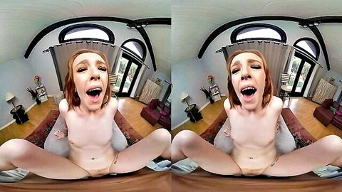 Redhead babe spreads wide in explicit VR PMV pose, nude solo display