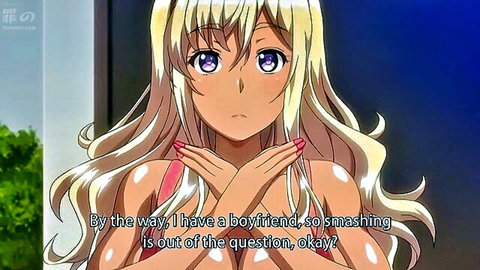 Blonde anime girl in pink top looking embarrassed outdoors