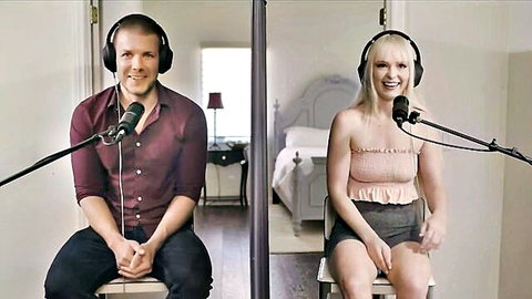 Lilly Bell blonde babe in sexy tube top and shorts during blind date interview