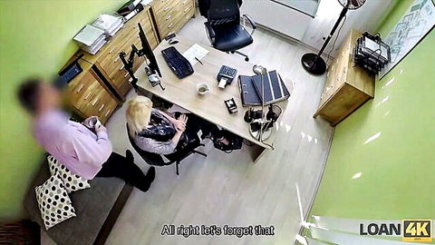 Blonde young lady in office skirt with man, loan4k tease