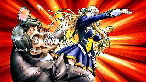 Blonde schoolgirl in uniform grabbed by intense suited man in dynamic hentai scene