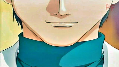 Close-up of blue-haired anime doctor in green turtleneck and white jacket