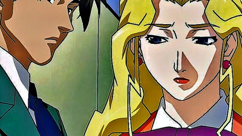 Anime blonde office woman in suit with male colleague, lingerie theme