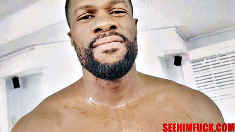 Muscular black stud Jamie Knoxx sweaty shirtless in See Him Fuck scene with Catalina Ossa