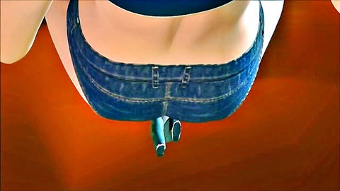 Pale woman's bare ass cheeks spread with green dildo protruding from pussy, tight denim shorts pulled down