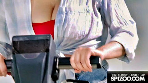 Busty babe in red bra and open shirt grips fucking machine dildo teasing ride