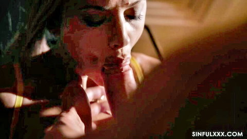 Shalina Devine curvy MILF giving intense blowjob in threesome