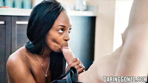 Lola Marie ebony beauty sucking big white cock in kitchen