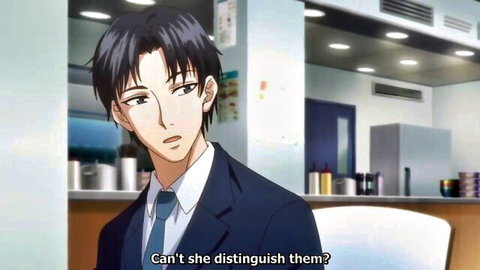 Anime businessman in suit looks surprised, romantic coworker sex scene from Eternity series