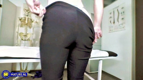 Lynn's curvy ass in tight black pants, bending over teasingly