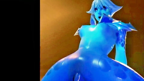 Blue skinned Overwatch anime girl in shiny latex exposing pussy seductively