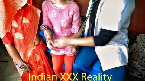 Indian stepmom in sari during doctor exam with young girl and desi man