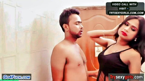 Beautiful Indian woman in black dress during steamy amateur video call