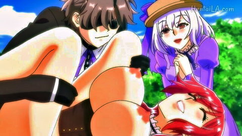 Anime hentai threesome with emotional sex, guy in suit between white and red-haired girls in dresses