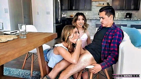 Blonde stepmom and brunette stepdaughter tease huge boobs in threesome