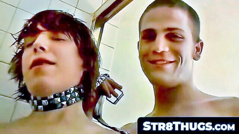 Blinx and Wesley shirtless, smiling in intimate bathroom pose, blowjob preview