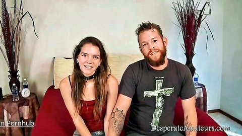 Nervous brunette amateur MILF and bearded guy in raw casting couch interview