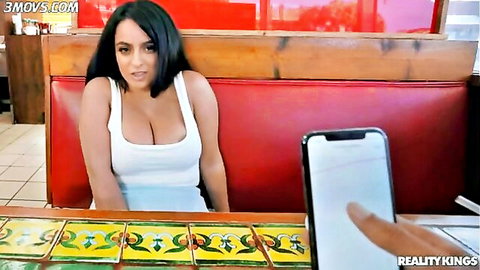 Nola Exico teases with big tits in tight white top at restaurant with Air Thugger