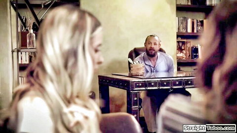 Two blonde teens visiting college counselor in office setup