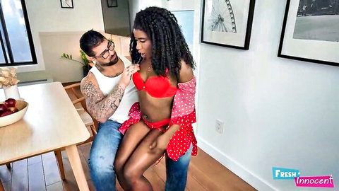 Ebony beauty in red lingerie gets drilled anally by stepdad