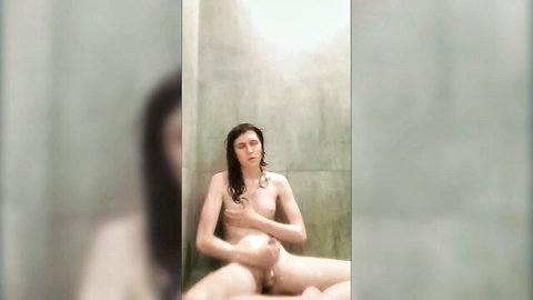 Trans cutie nude in soapy shower, hand on genitals solo pleasure