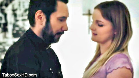 Blonde teen seduces bearded priest in purple dress, taboo encounter