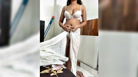 AASHI66 Indian brunette in white lingerie and sari, teasing midriff and big tits