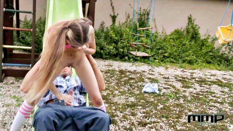 Petite Nela Decker straddles old man outdoors in explicit yard sex