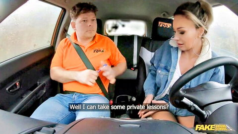 Blonde babe in denim jacket flirts with Fake Taxi driver offering private sex lessons in car