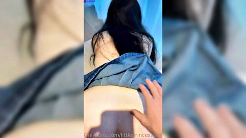 Brunette bends over skirt lifted exposing bare ass and pussy fingered by hand from behind
