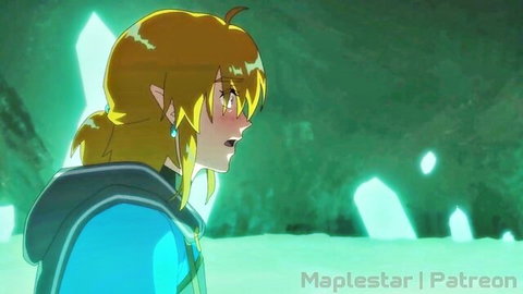 Blonde elf Link in blue tunic looking surprised in glowing cave - Zelda hentai