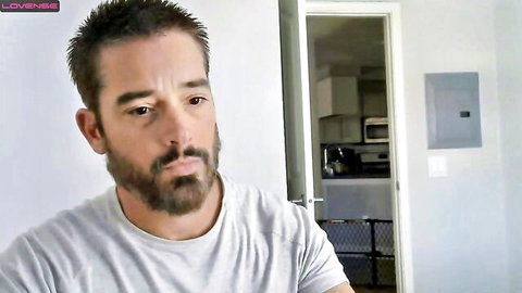 Bearded Latino man in white tee, Elder Sorenson gay bareback climax
