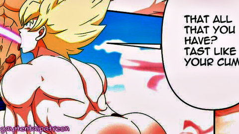 Goku and Vegeta muscular gay hentai anime porn thumbnail with explicit cum dialogue