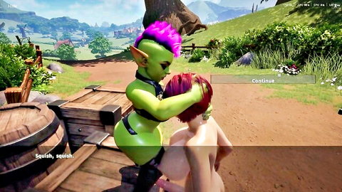 Green elf with pink hair tribbing nude redhead in fantasy porn game