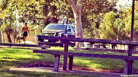 Isis Rose walks hand-in-hand with man to SUV in outdoor kinky setup